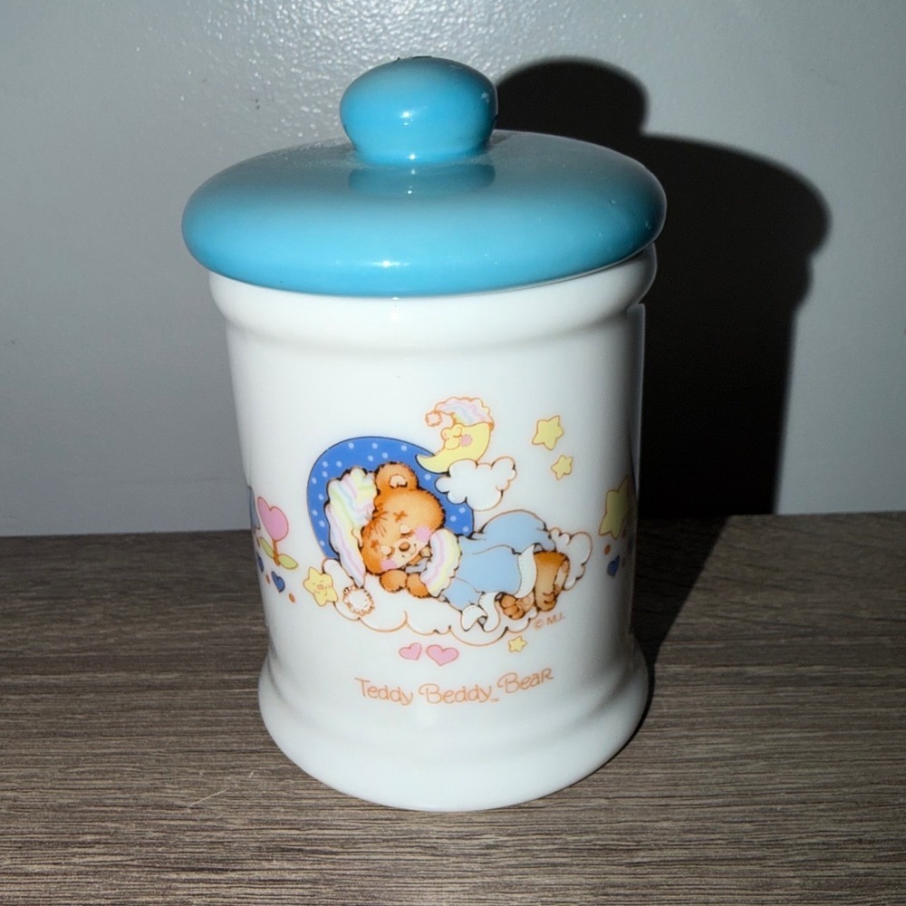 Vintage 1982 Enesco Teddy Beddy Bear Porcelain Trinket Jar Lidded Canister Japan